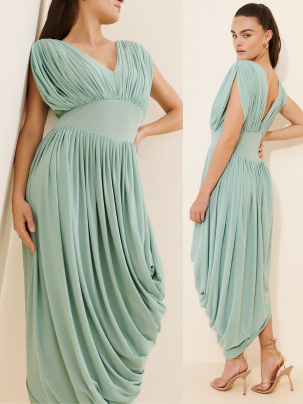 Deme by Gabriella Amira Dress Dirty Mint Teal Blue Draped Asymmetric Midi Size S